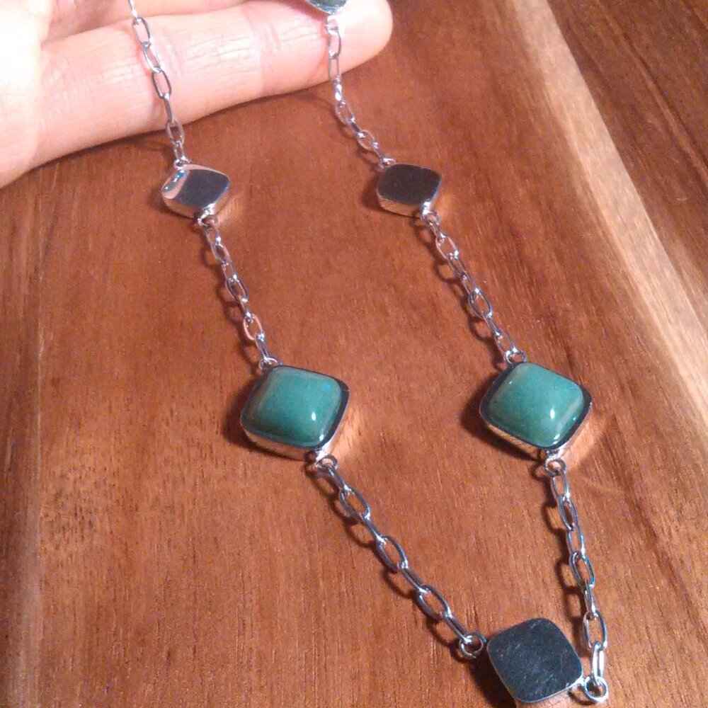 Green Aventurine Stainless Steel Station Necklace